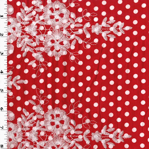 Red/White Polka Dot/Scallop Embroidered Woven Shirting APS00701