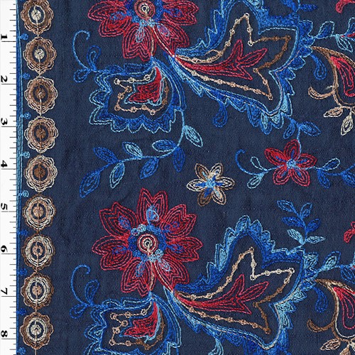 Deep Blue/Red/Multi Floral Border Embroidered Shantung APS00716