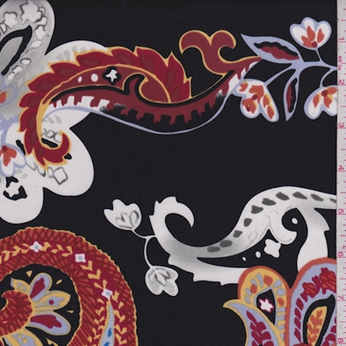 Black Stylized Paisley Print Silk Charmeuse