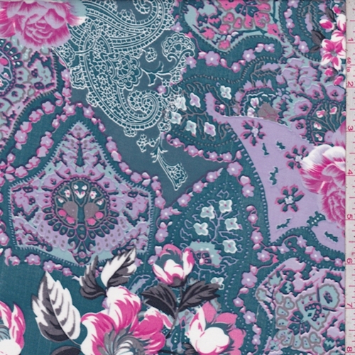 Teal/Lilac Paisley Floral Silk Charmeuse
