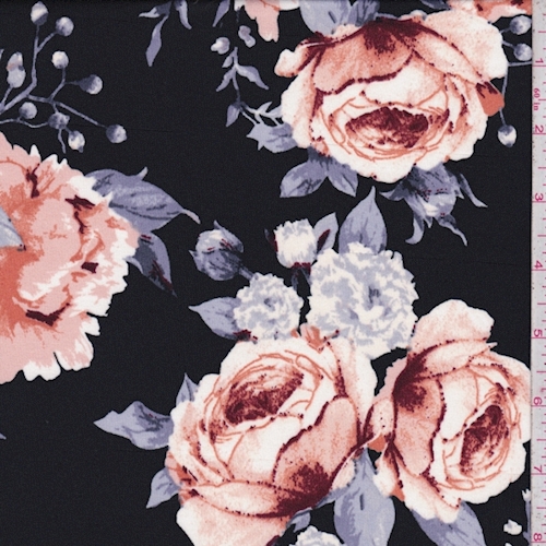 *1 YD PC--ITY Black/Copper Rose Bouquet Jersey Knit