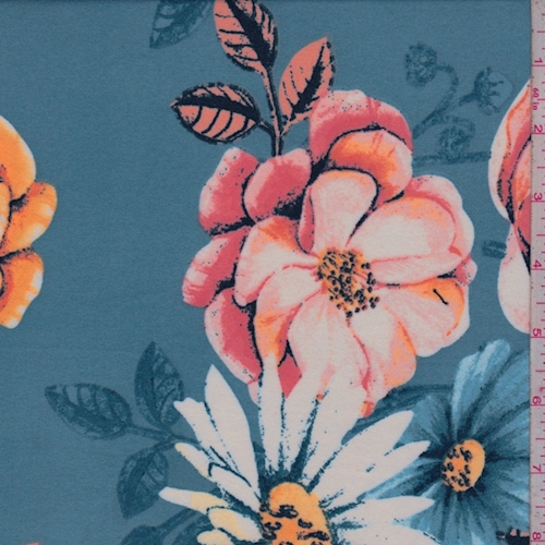 *1 YD PC--Dusty Blue/Pink Floral Pop Double Brushed Jersey Knit