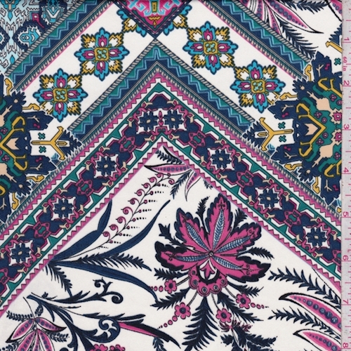 White/Navy/Pink Stylized Tile Silk Charmeuse