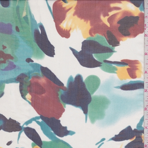 White/Rust/Blue Abstract Floral Silk Chiffon