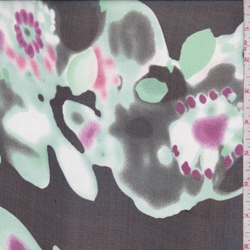 Black/Mint/Fuchsia Abstract Floral Silk Chiffon