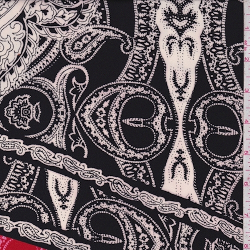 Black/Ivory/Red Stylized Medallion Crepe Georgette