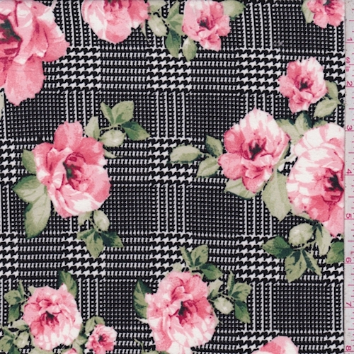 Black/Coral Glen Plaid Floral Double Brushed Jersey Knit