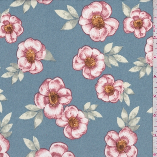 Dusty Blue/Brick Pink Floral Double Brushed Jersey Knit