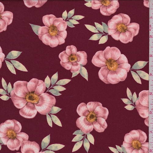 Maroon/Pink Floral Double Brushed Jersey Knit