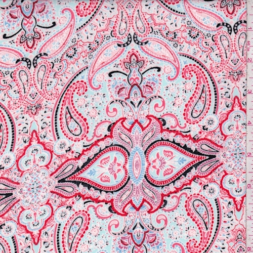 Neon Pink/Spa Blue Stylized Paisley Crepe Georgette