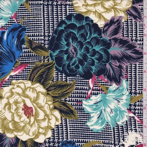 Navy/Avocado/Turquoise Floral Plaid Crepe Georgette