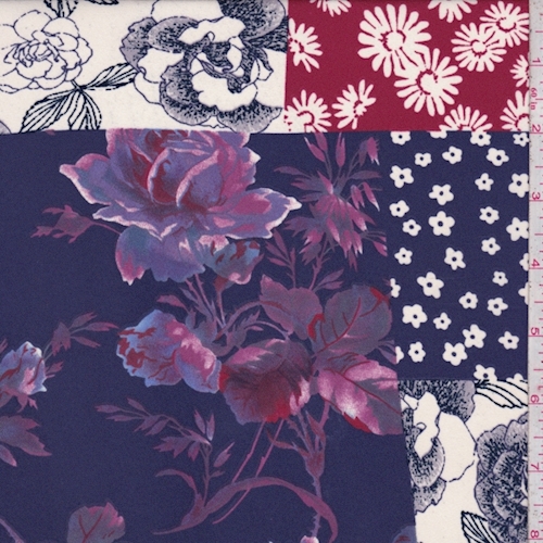Purple/Berry/White Floral Patchwork Crepe Georgette