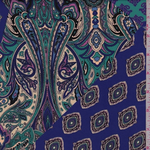 Purple/Teal Stylized Patchwork Crepe Georgette