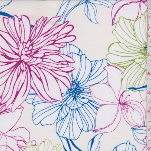 ITY White/Blue/Magenta Sketch Floral Jersey Knit
