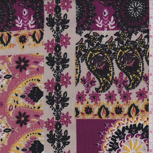 Pale Tan/Magenta/Black Patchwork Slubbed Challis