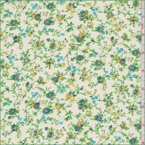 White/Jade/Gold Stylized Floral Chiffon