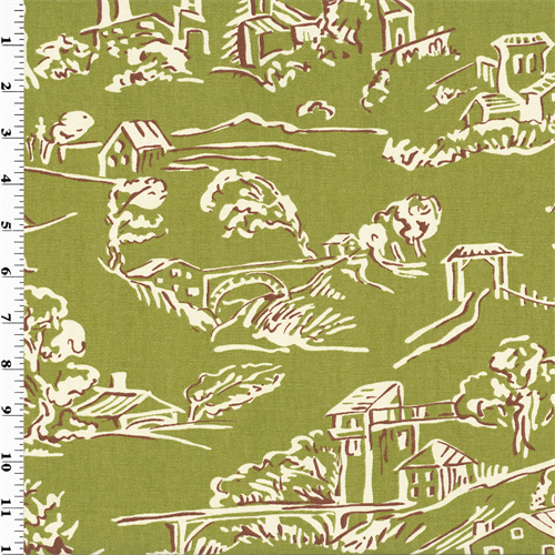 Designer Cotton Green/Brown Village Toile Print Home Decorating Fabric