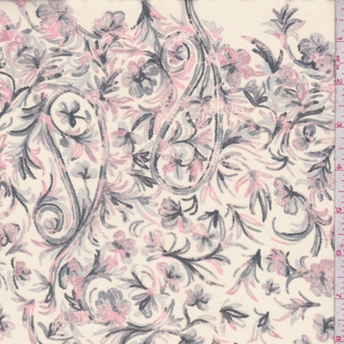 Almond/Grey/Pink Floral Scroll Charmeuse