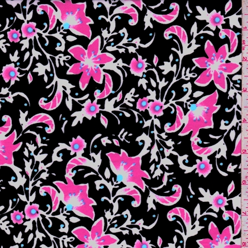 Black/Hot Pink Stylized Floral Challis