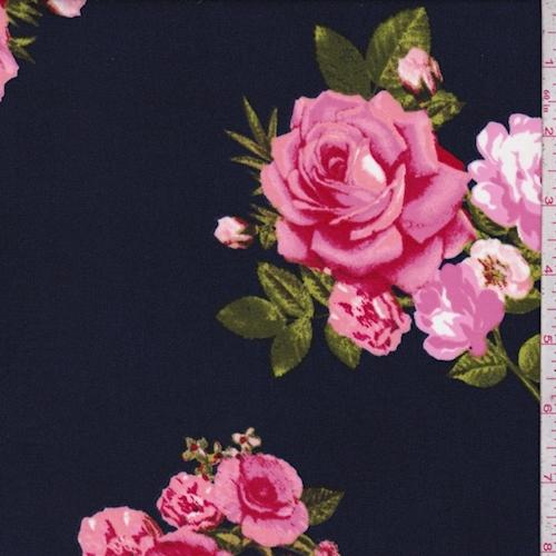 Navy/Hot Pink Rose Floral Challis