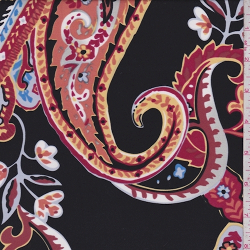 Black/Orange/Blue Multi Stylized Paisley Silk Charmeuse Fabric