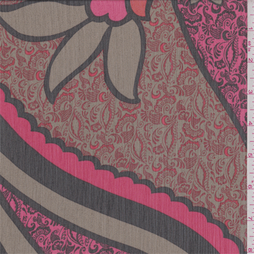 Olive/Coral/Red Paisley Print Crinkled Chiffon