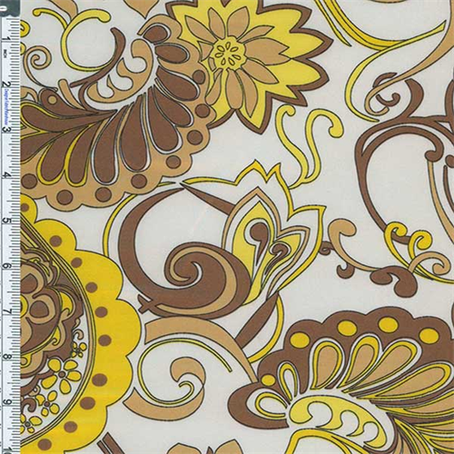 White/Brown Scroll Print Satin Charmeuse
