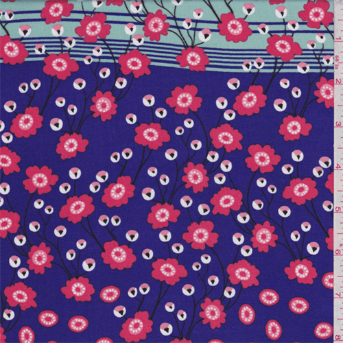 Purple/Aqua Whimsical Floral/Stripe Challis