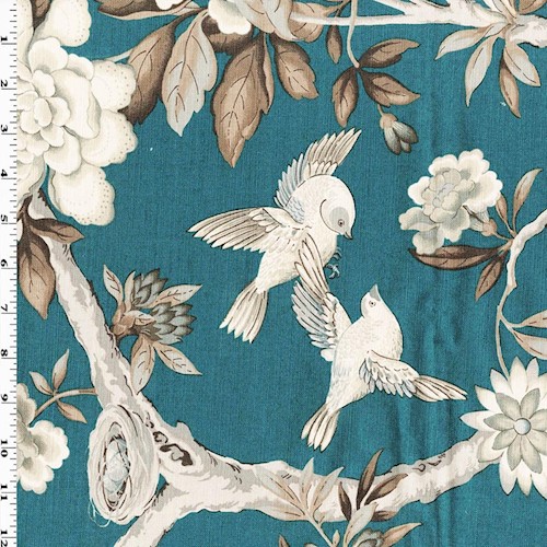 Teal Blue/Beige Waverly Floral/Bird Slub Canvas Decor Fabric DFW61274