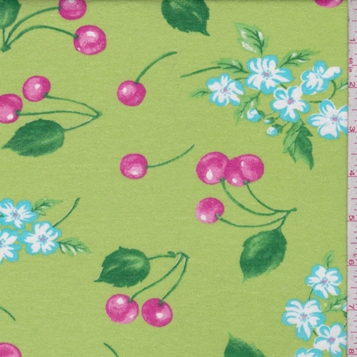 Lime Green Cherry Print Cotton Blend Jersey Knit