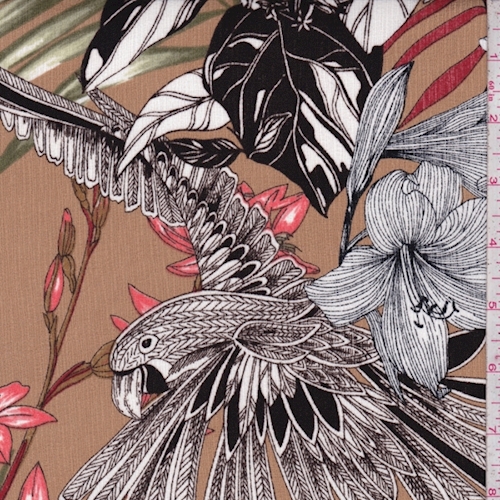 Tan/Coral Tropical Parrot Crinkled Crepe