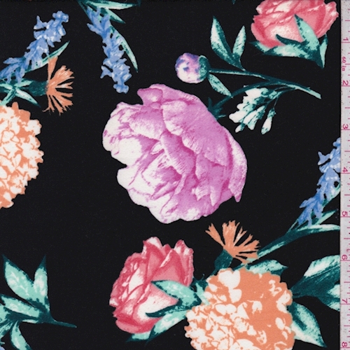 Black/Fuchsia Multi Floral Sprig Double Brushed Jersey Knit