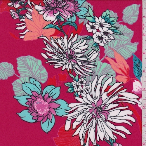 Berry Red/White Multi Fringe Floral Cluster Double Brushed Jersey Knit