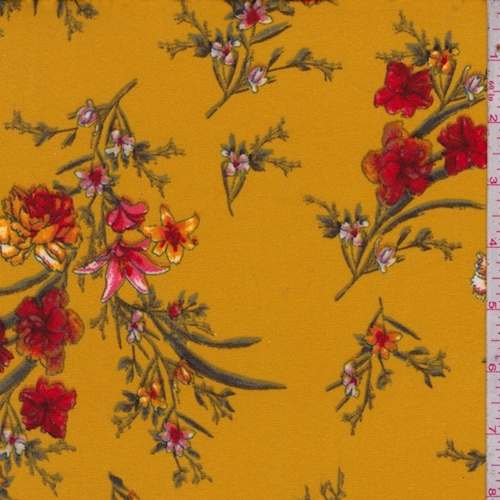 Mustard Gold/Ruby Floral Sprig Double Brushed Jersey Knit