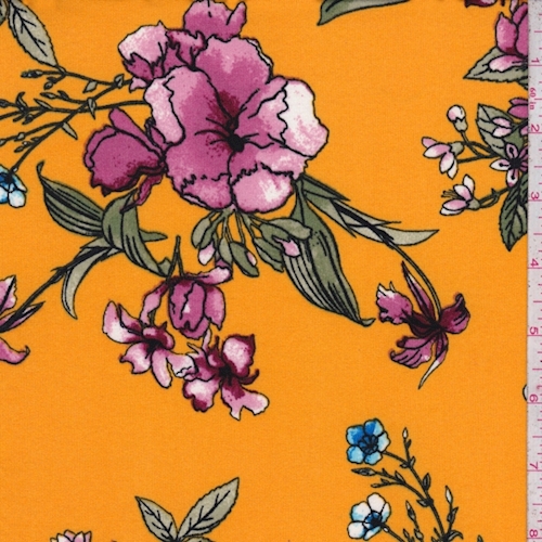 Goldenrod/Mauve Floral Double Brushed Jersey Knit