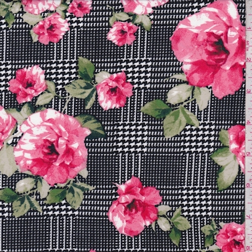 Black/Pink Glen Plaid Floral Double Brushed Jersey Knit