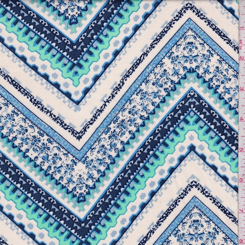 Ivory/Navy/Sky Deco Chevron Rayon Challis