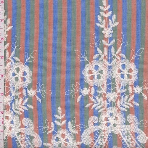 Brown/Blue/Fern Stripe Embroidered Floral Scroll Rayon Challis