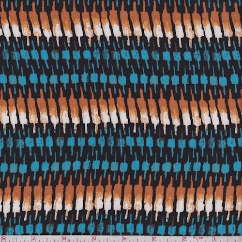 Black/Aqua/Gold Deco Stripe Rayon Challis