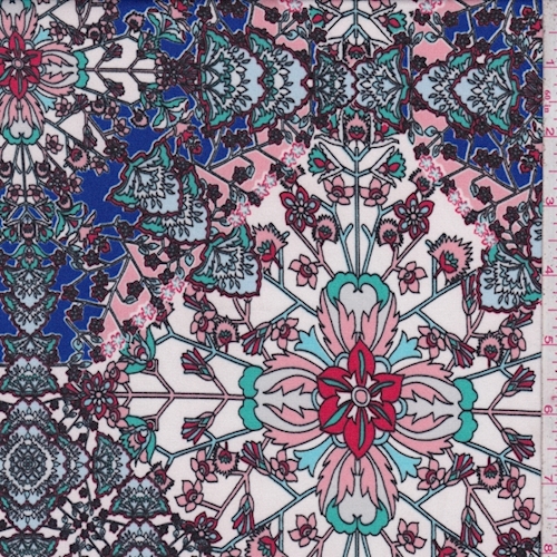 Ivory/Pink/Cobalt Floral Medallion Matte Jersey Knit