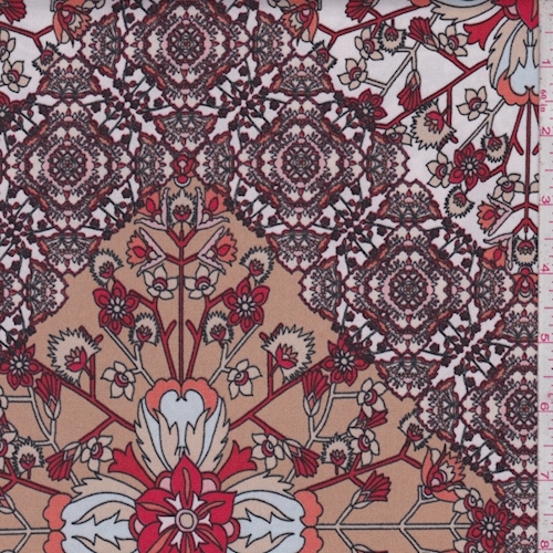 Tan/White/Pink Floral Medallion Matte Jersey Knit