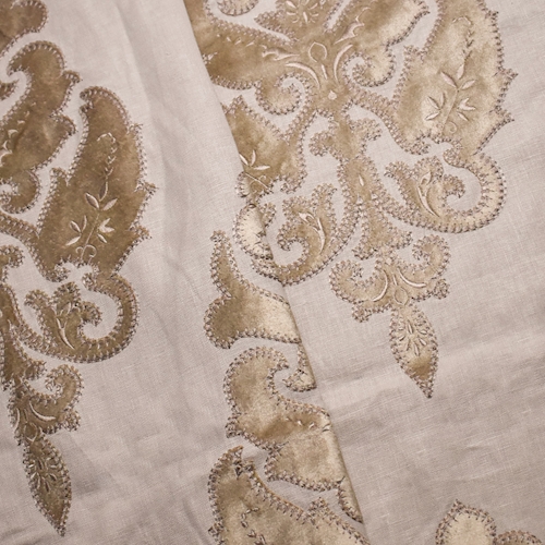 Taupe Embroidered Velvet Applique Woven Linen Decor Fabric