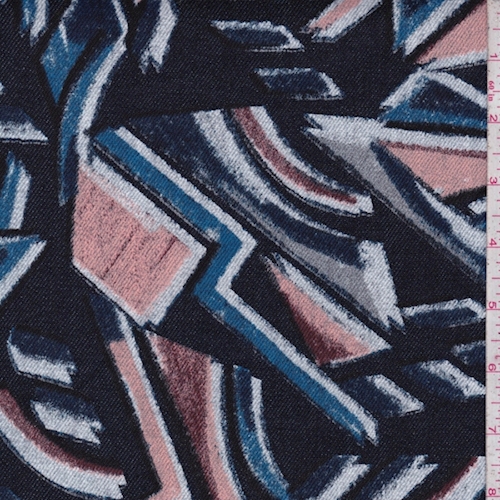 Navy/Peach/Burgundy Abstract Print Denim