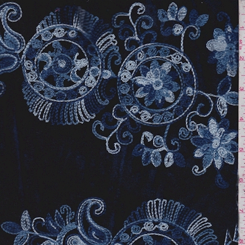 Navy Embroidered Medallion Stretch Velvet