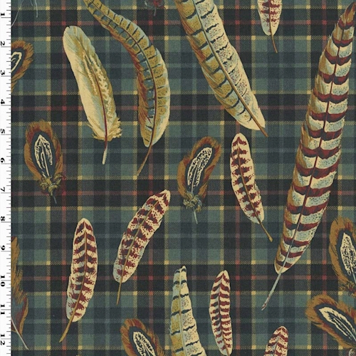 Green/Beige/Multi Feather Plaid Printed Twill Decor Fabric