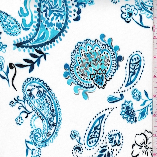 White/Turquoise/Aqua Paisley Rayon Challis