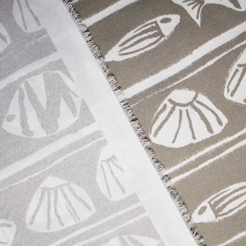 Taupe/White Seashells Printed Canvas Decorating Fabric