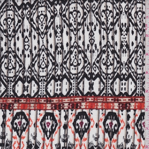 White/Black/Orange Ikat Deco Rayon Crinkle Border Print