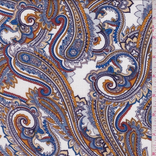 White/Ocher/Periwinkle Paisley Rayon Crinkle