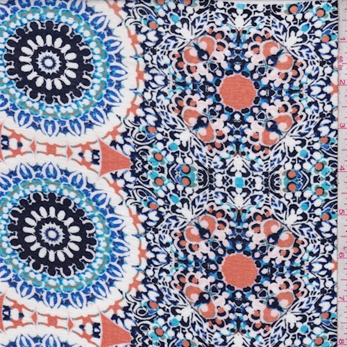 White/Orange/Navy Circle Medallion Rayon Crinkle